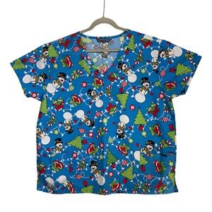 Serene Uniforms Christmas Scrub Top 2X Blue Snowman Holiday V-Neck